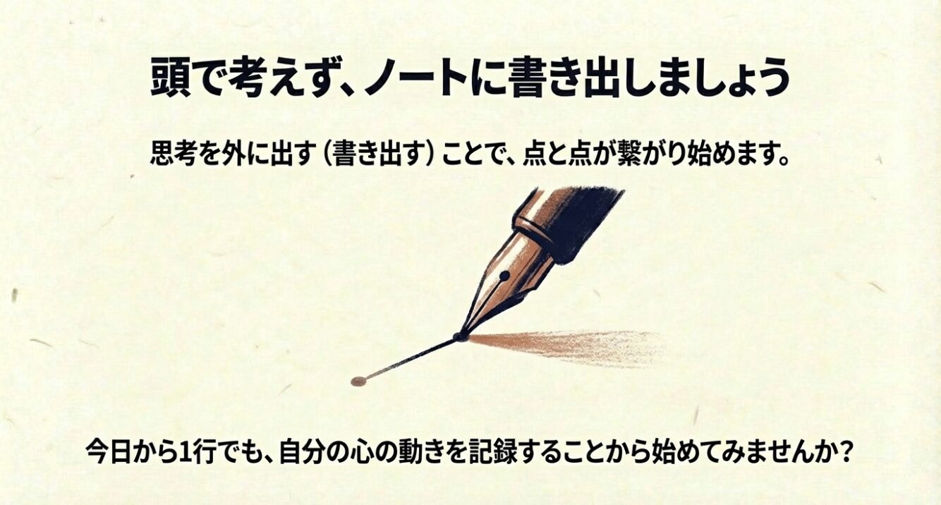 ノートに書き出して思考を整理する 万年筆のイラストとともに、思考をノートに書き出すことで点と点が繋がり始めることを伝え、今日から1行でも記録することを勧めるメッセージスライド。