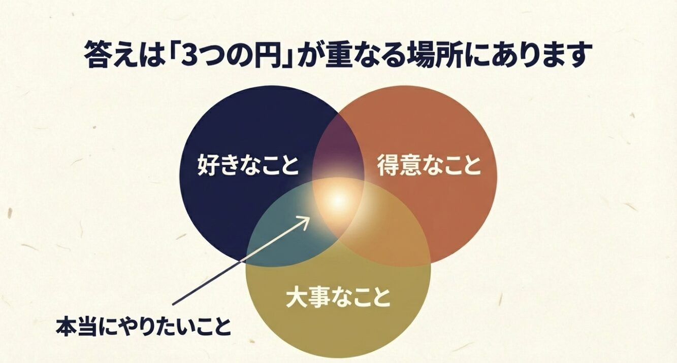 やりたいことを見つける3つの円のフレームワーク 「好きなこと」「得意なこと」「大事なこと」の3つの円が重なる中心が「本当にやりたいこと」であることを示すベン図