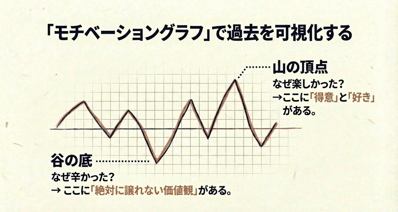 モチベーショングラフによる自己分析 過去のモチベーションの波をグラフ化し、山の頂点から「得意・好き」を、谷の底から「譲れない価値観」を見つけ出す方法を解説する図解