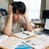 日本の男性が、勉強机で頭を抱え、ノート、ペン、開いた参考書2冊、検索バーが表示されたノートパソコンに囲まれて、ストレスと悩みを抱えている様子。