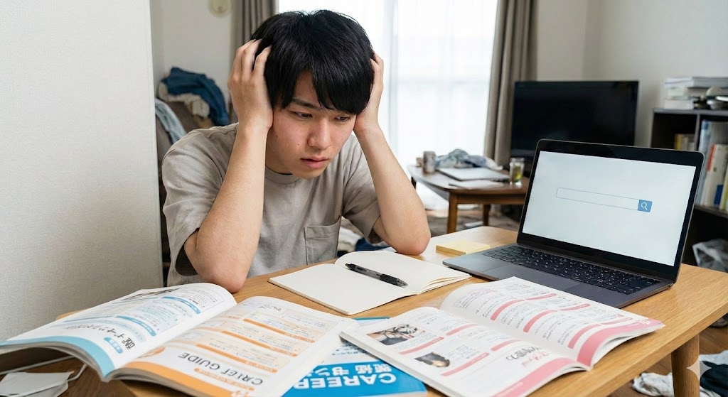日本の男性が、勉強机で頭を抱え、ノート、ペン、開いた参考書2冊、検索バーが表示されたノートパソコンに囲まれて、ストレスと悩みを抱えている様子。