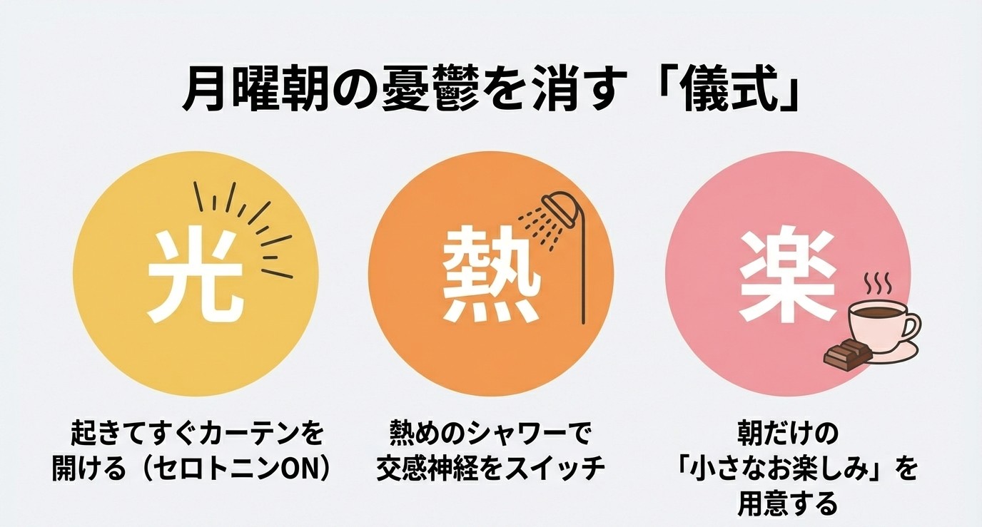 月曜朝の憂鬱を解消する「光・熱・楽」のモーニングルーティン
