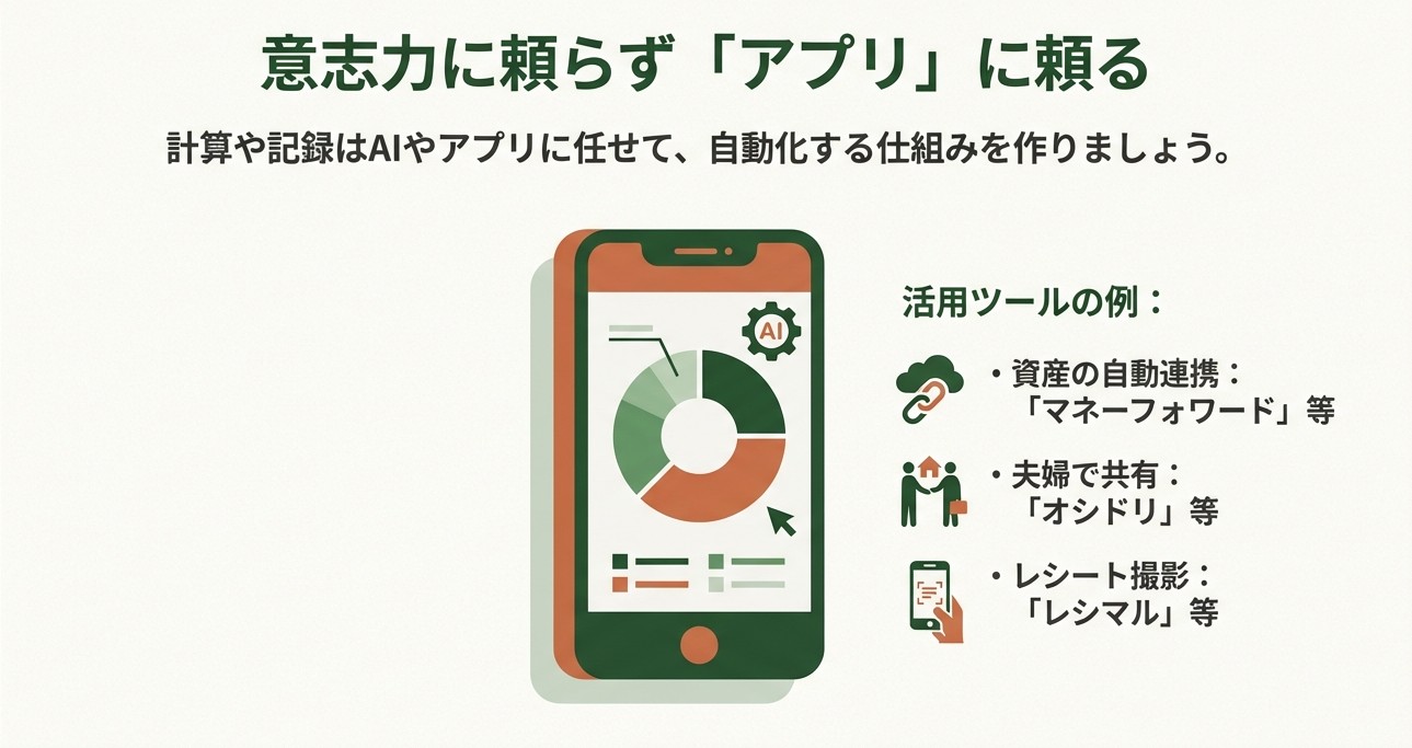 アプリとAIに頼るお金の自動化管理 意志力に頼らずアプリを活用。計算や記録はマネーフォワードなどのAIや家計簿アプリで自動化