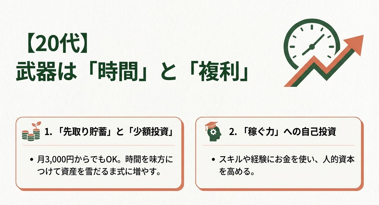 20代向け!時間と複利を味方につけるお金の勉強 20代のお金の勉強は時間と複利が武器。先取り貯蓄と自己投資で資産を増やす