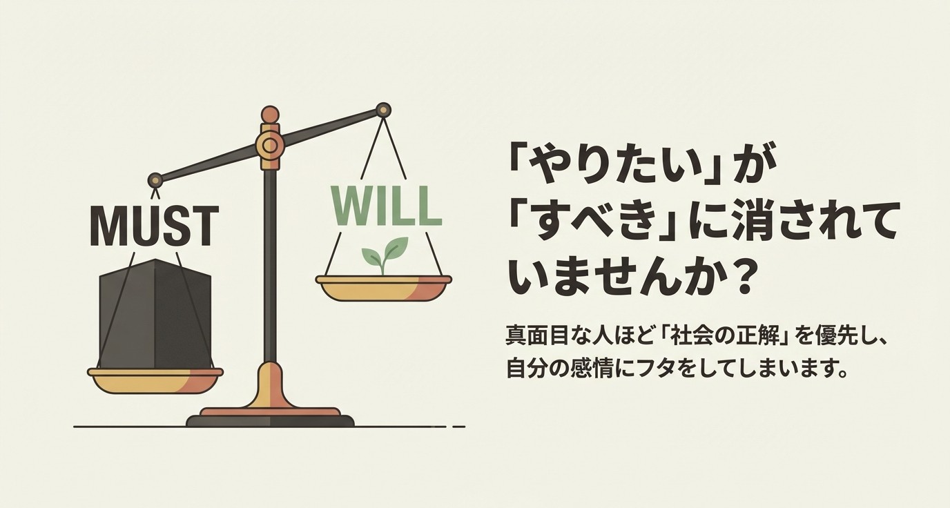 「すべきこと（MUST）」が重すぎて「やりたいこと（WILL）」が消されてしまっている状態を表す天秤のイラスト