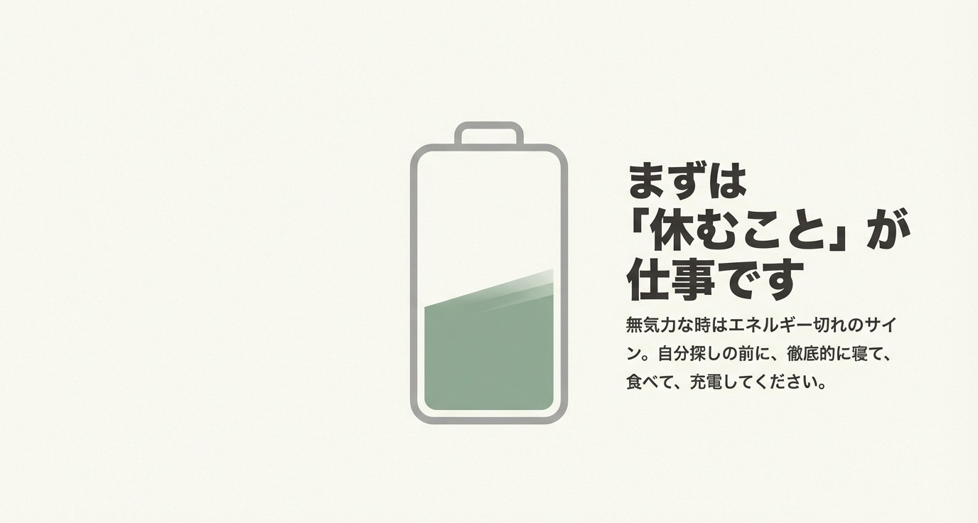 エネルギー切れのバッテリーのイラストとともに、無気力な時は徹底的に寝て充電することを勧めるスライド