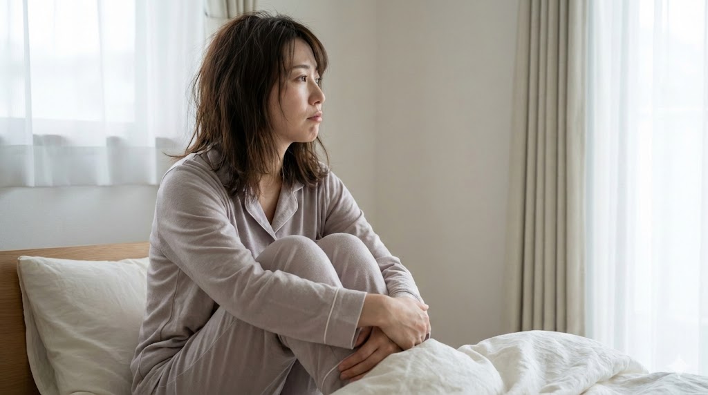 朝起きて仕事のやる気が出ず、ベッドの上で憂鬱そうに外を眺める女性